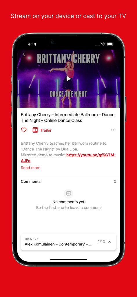 TMILLY TV - Learn To Dance - TMilly TV app interface showing an intermediate ballroom dance class with choreographer Brittany Cherry