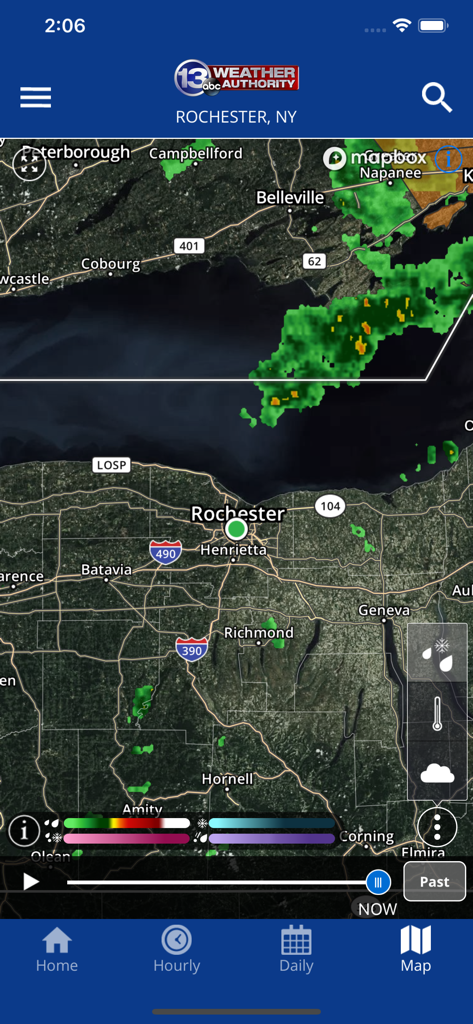 WHAM WX - WHAM WX weather app showing a high-resolution radar map of Rochester New York and Lake Ontario
