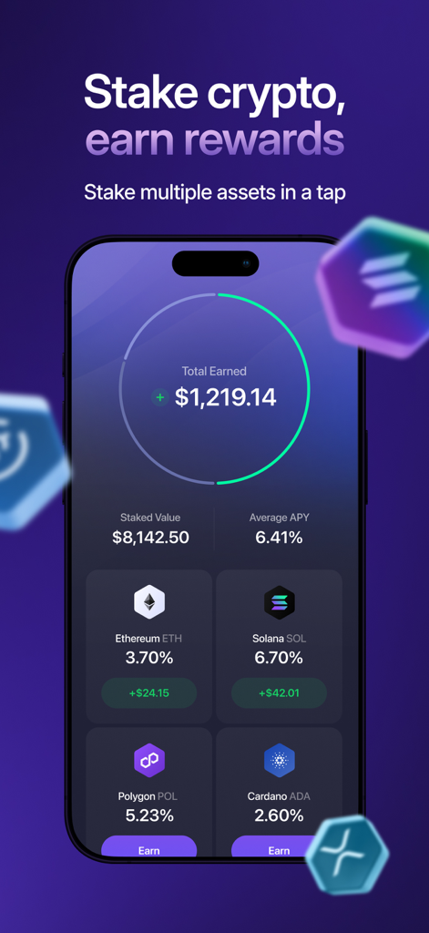 Exodus: Crypto Bitcoin Wallet - Exodus app interface for staking crypto assets and earning rewards with real time APY tracking