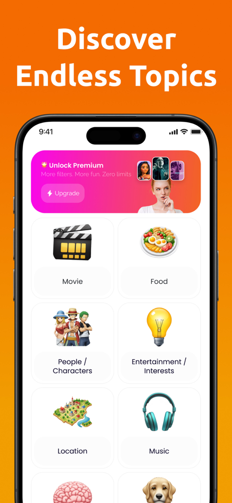 The Ranking Filter app interface displaying various categories to rank including movies, food, and people.