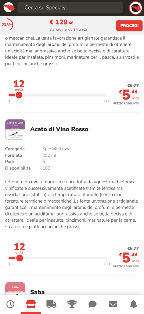 Specialy app screen showing artisanal red wine vinegar details and a quantity based discount slider.