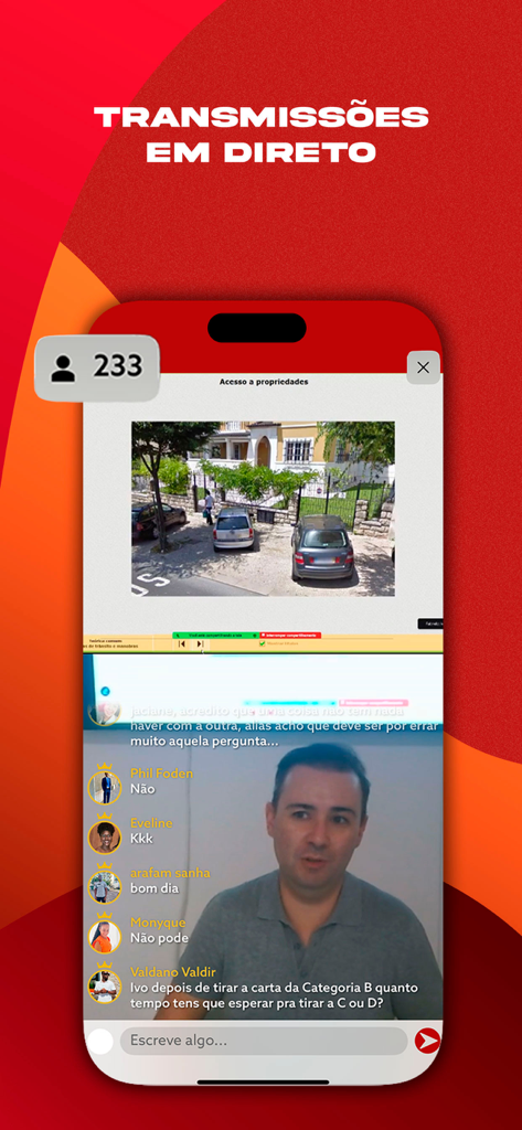Interfaccia dell'app Testes Codigo da Estrada che mostra una trasmissione video in diretta per lezioni di diritto stradale con chat di studenti in tempo reale.