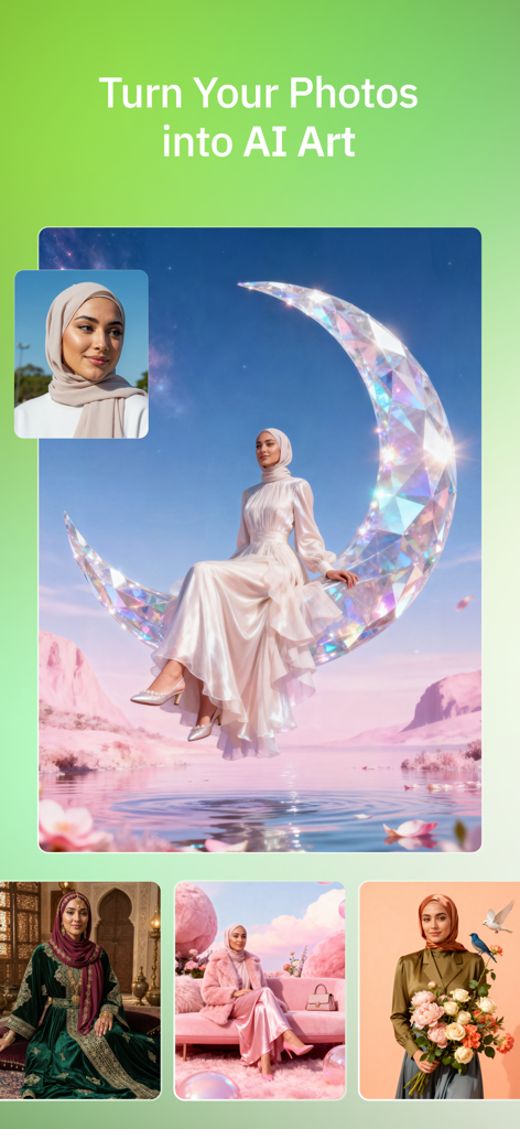 Nahr: AI Design & Photo Editor - AI-generated artistic portraits of a woman wearing a hijab created with the Nahr app