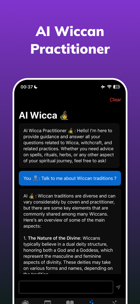 Wicca: Wiccan & Witchcraft - AI Wiccan Practitioner chat interface showing a conversation about Wiccan traditions and spiritual guidance