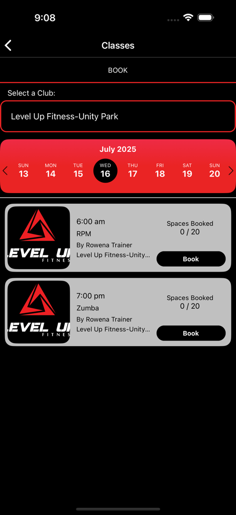 My Level Up - My Level Up app screen for booking group exercise classes like RPM and Zumba at a specific fitness club