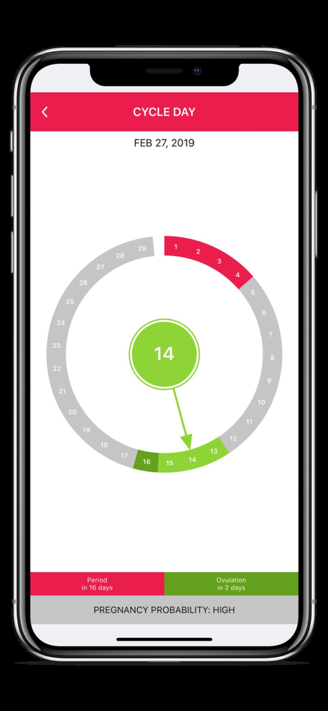 LADYTIMER Period Tracker - Ladytimer app interface showing a circular menstrual cycle tracker with high pregnancy probability and fertility status.