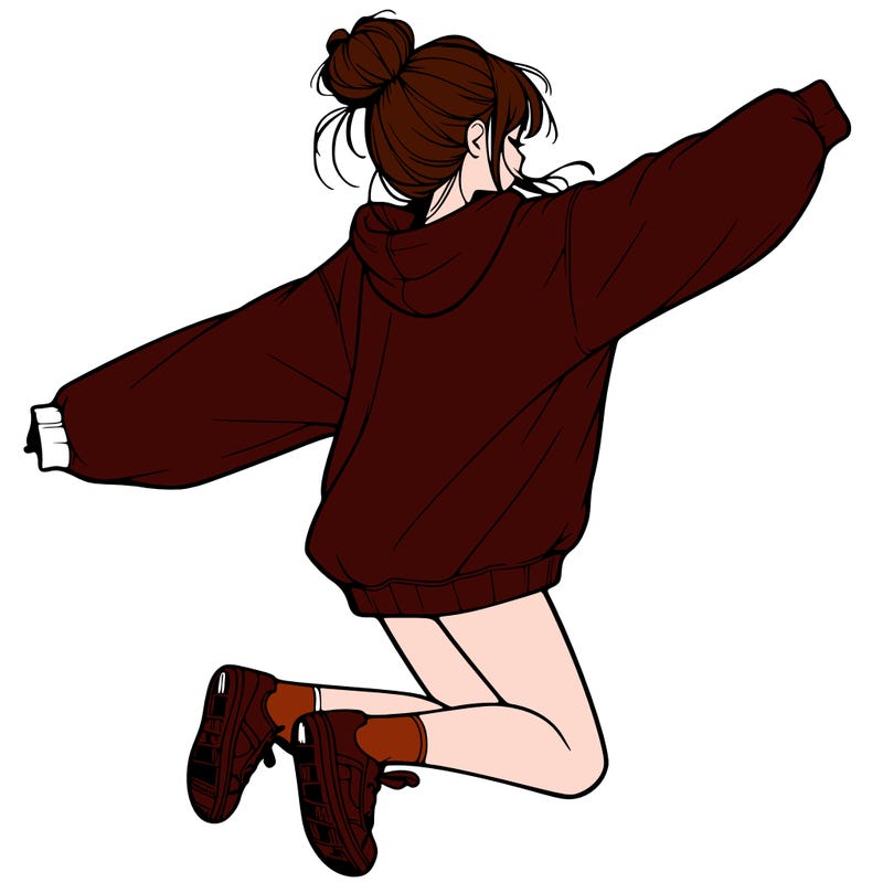 realistic girl jumping with a bun and oversized sweatshirt