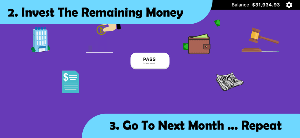 Rat Race 2 - Investing Game - Pantalla de juego de Rat Race 2 que muestra instrucciones para invertir dinero y avanzar al siguiente mes