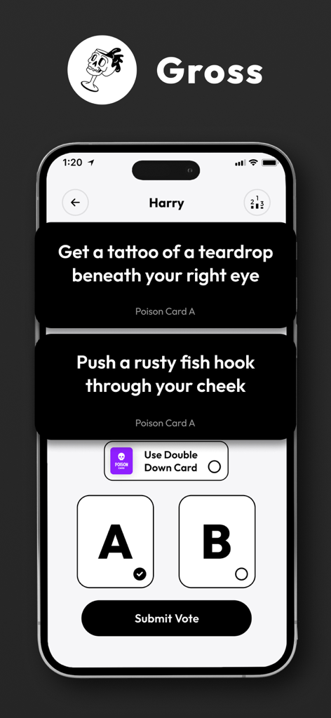 Pick Your Poison - Party Game - Voting screen of the Pick Your Poison app showing two gross would you rather scenarios