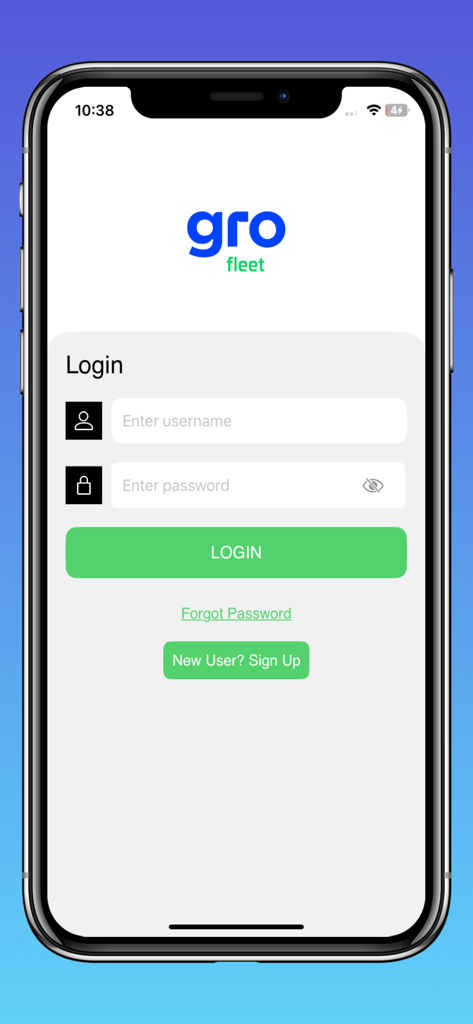 Gro Fleet - Login screen for the Gro Fleet vehicle tracking app featuring username and password input fields.