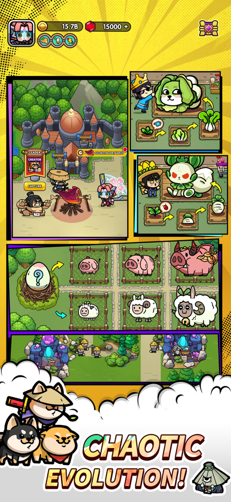 Prince GO - Prince GOのゲームプレイ画面のモンタージュ。ファーミング、動物の進化、採掘活動を示し、「カオスな進化」というキャプションが付いています。