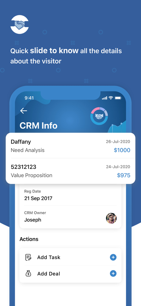Zoho SalesIQ - Live Chat App - Interfaz de la aplicación móvil Zoho SalesIQ que muestra información detallada del visitante de CRM y opciones de gestión de ofertas