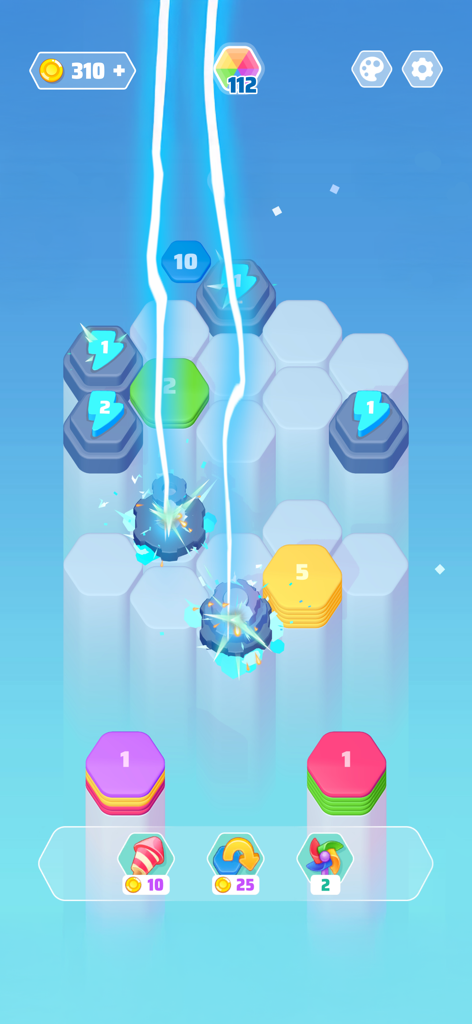 Gameplay of Color Slide Hexa Puzzle showing colored hexagonal stacks on a grid with a blue lightning power up effect