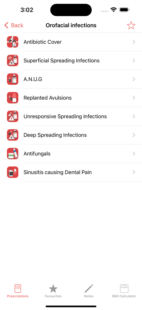 Dental Prescriber - Screen from the Dental Prescriber app listing various orofacial infection treatment categories such as antibiotic cover and antifungals