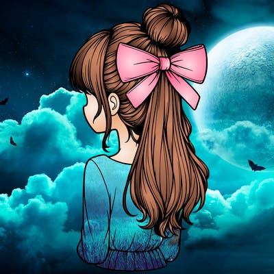 realistic girl  with hip length hair a bun and a big bow on the back of head