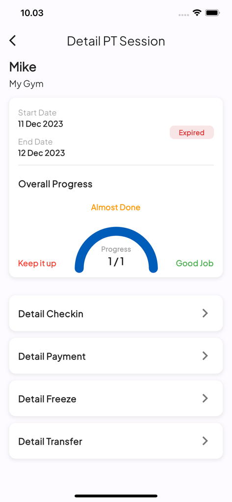 Sangtum Fitness app showing personal training session details and progress.