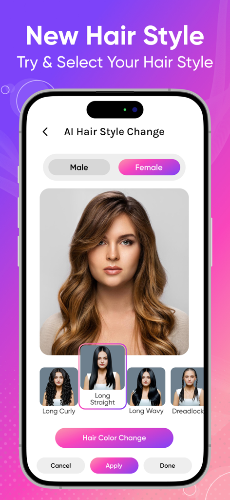 AI Hair Changer - Color Change - Pantalla de Cambio de Estilo de Cabello IA mostrando diferentes opciones de cabello para una usuaria