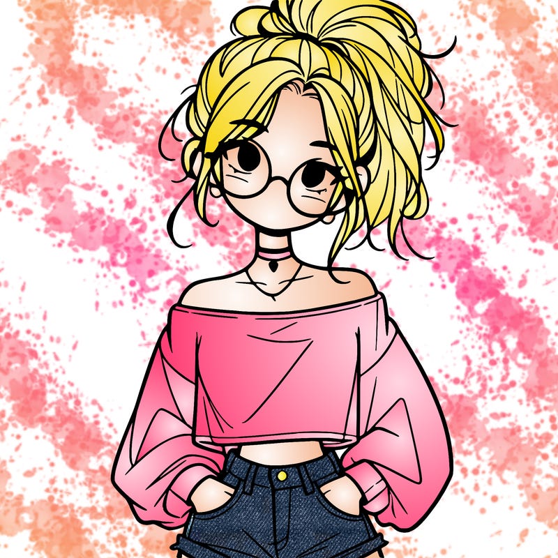 girl with a messy ponytail glasses a baggy crop top and jean shorts