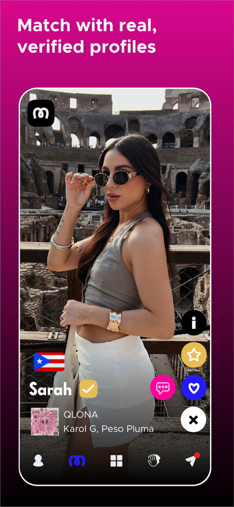 Mi Gente - Latino Dating - Mi Gente Latino Dating app interface showing a verified profile of a woman with a Puerto Rican flag icon