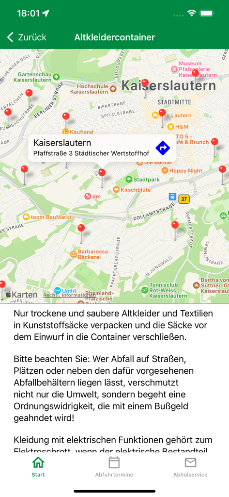 Kartenansicht der Stadtbildpflege Kaiserslautern App mit Standorten für Altkleidercontainer.