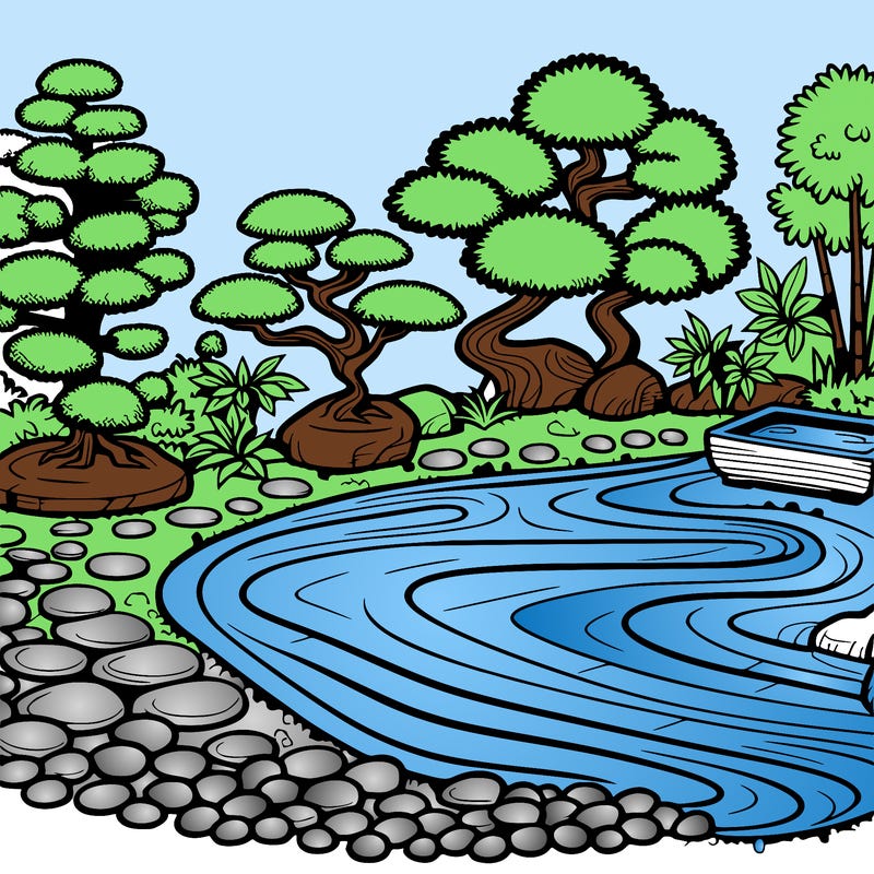 a serene zen garden with raked gravel, bonsai trees, and tranquil ponds
