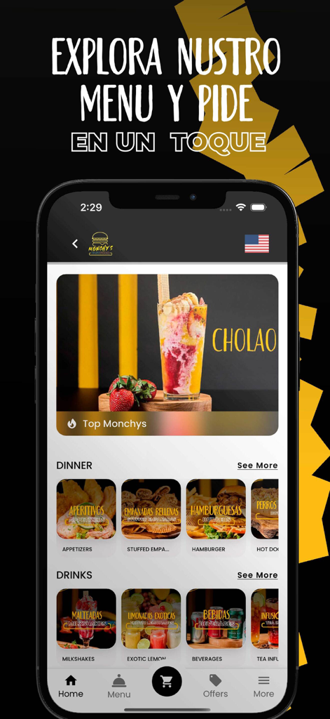 Monchys Fast Food App Startbildschirm mit verschiedenen Lebensmittel- und Getränkekategorien wie Abendessen und Milchshakes