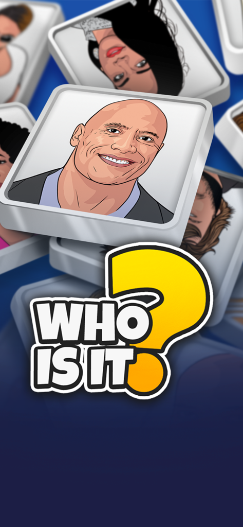 Who is it? Celeb Quiz Trivia - A celebrity trivia game interface showing a drawing of Dwayne The Rock Johnson and other famous people with the Who Is It logo.