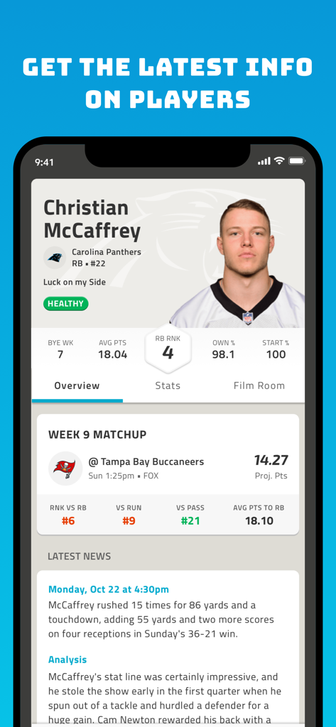 NFL Fantasy Football app player profile screen showing stats, rankings, and news for Christian McCaffrey.