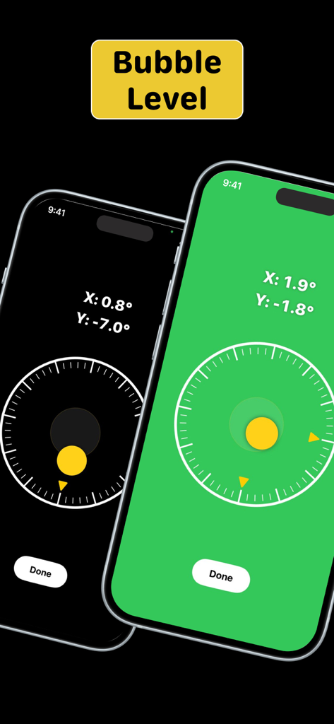 The Measure Aрр: AR Tape Ruler - Screenshot of the digital bubble level tool showing surface alignment and angle measurements