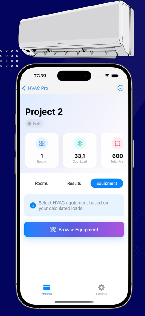 HVAC Calculator ProX - HVAC Calculator ProX app interface showing a project summary with cooling load and room data on an iPhone.