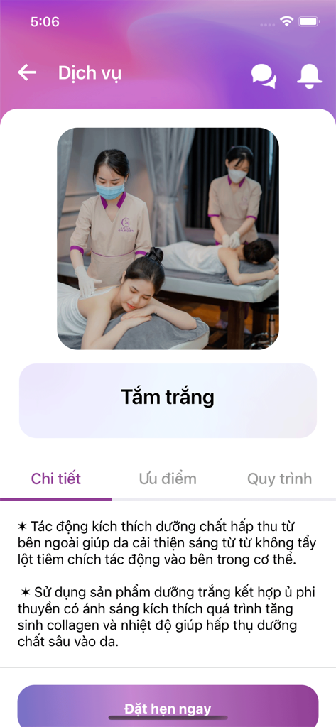 LG Clinic app skin whitening service page with treatment details and booking button