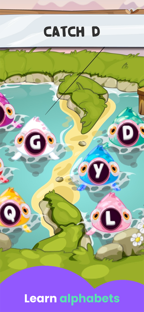 Alphabet fishing game screen where children learn letters by catching colorful fish