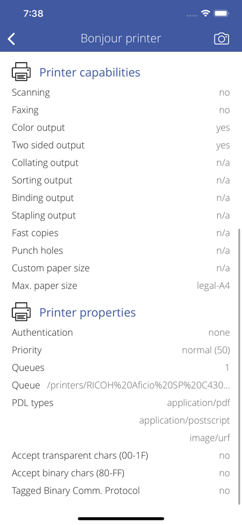 Printer Discover - Technical specifications showing printer capabilities and properties for a Bonjour network printer in the Printer Discover app