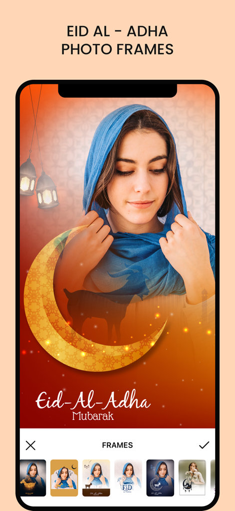 Eid & Ramadan Photo Frames - A woman in a blue hijab pictured within an Eid Al Adha photo frame featuring a golden crescent moon and lanterns