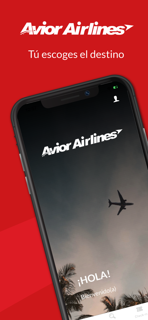 Tela inicial do aplicativo móvel Avior Airlines com um avião voando sobre coqueiros e uma mensagem de boas-vindas em espanhol.