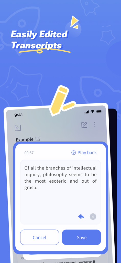 秒转翻译官：SecsTrans Translator - Interface do aplicativo SecsTrans Translator mostrando o recurso de edição fácil de transcrições com um exemplo de palestra de filosofia.