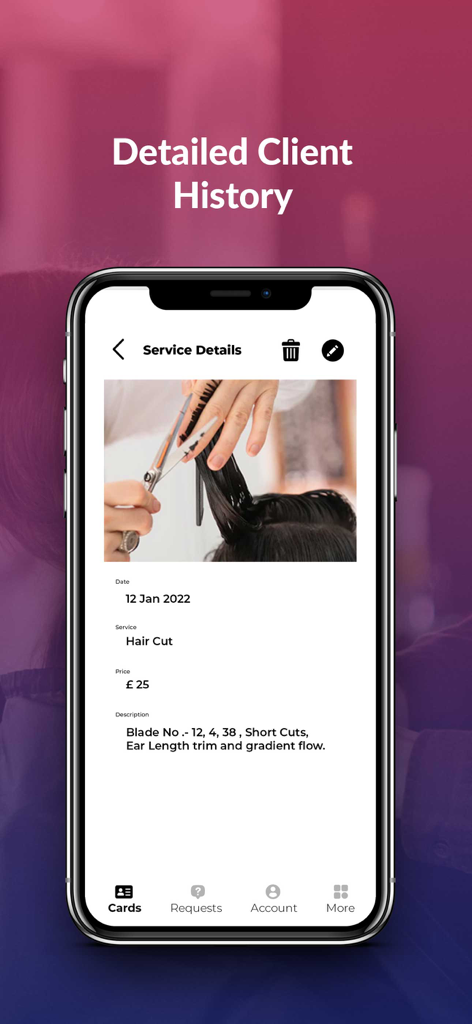 Salon Card For Hair & Beauty - Una schermata mobile dall'app Salon Card che mostra la cronologia dettagliata del cliente con note sul servizio di taglio capelli e una foto.