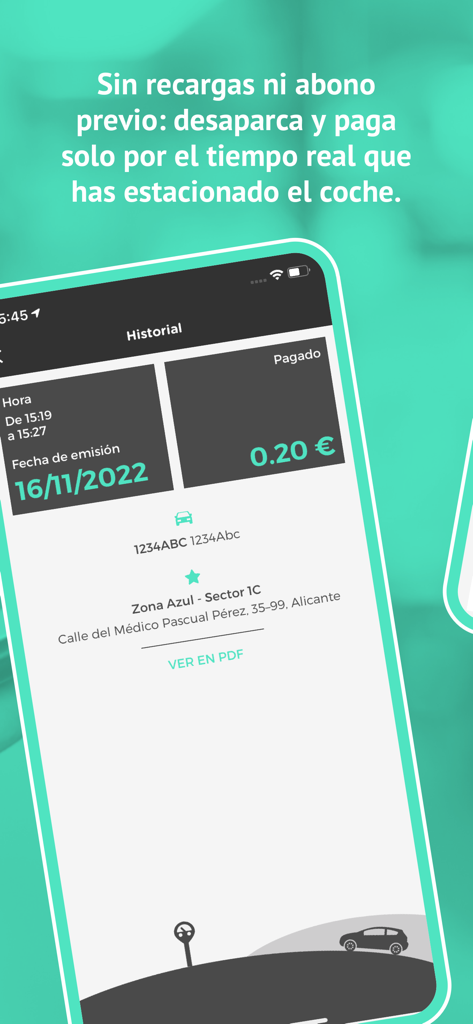 Moviltik - Moviltik mobile app screen showing a digital parking payment history receipt with vehicle license plate and transaction details