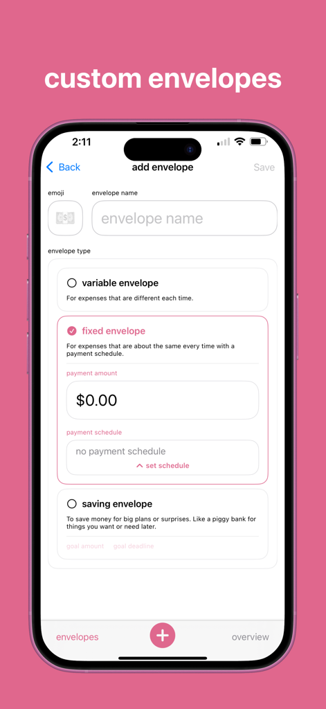 Budget Bestie 앱의 사용자 지정 예산 봉투 생성 인터페이스를 보여주는 스마트폰 화면.
