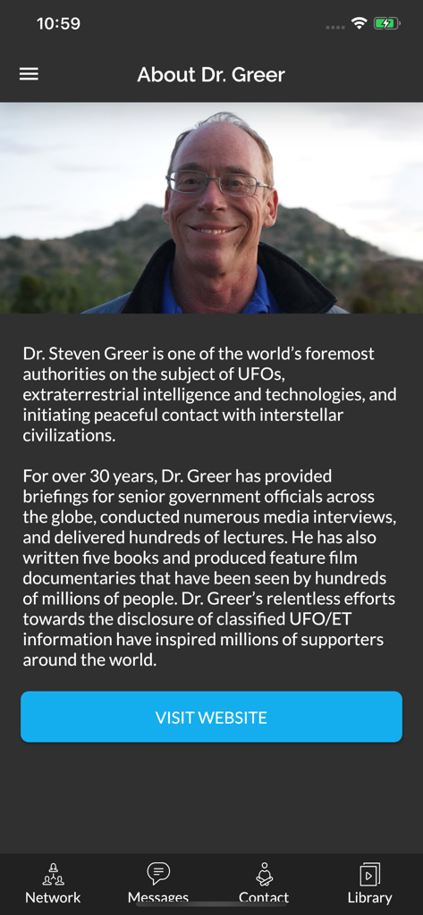 CE5 Contact - Biography page of Dr. Steven Greer in the CE5 Contact app