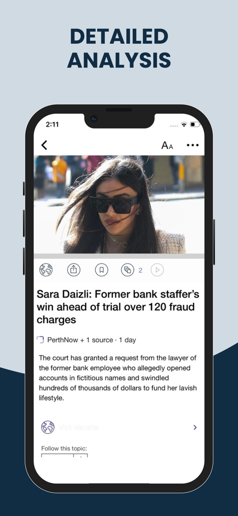 Detaillierte Nachrichtenartikelanalyse auf der Oberfläche der Australien Lokale und Weltnachrichten-App