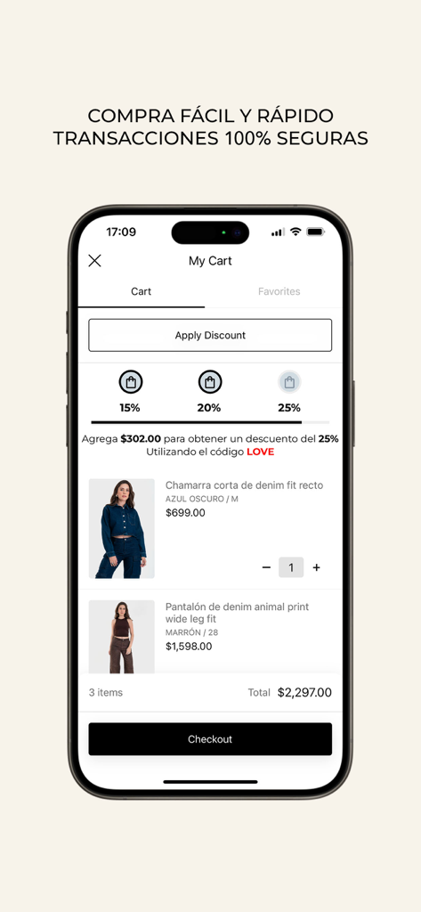 HIGHSTREET MX - Shopping cart screen in the HIGHSTREET MX app showing items and discount progress.