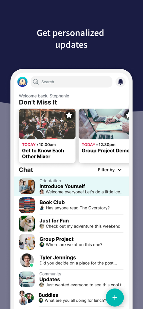 Raftr – Get Current - Raftr app interface showing personalized event updates and private community chat groups.