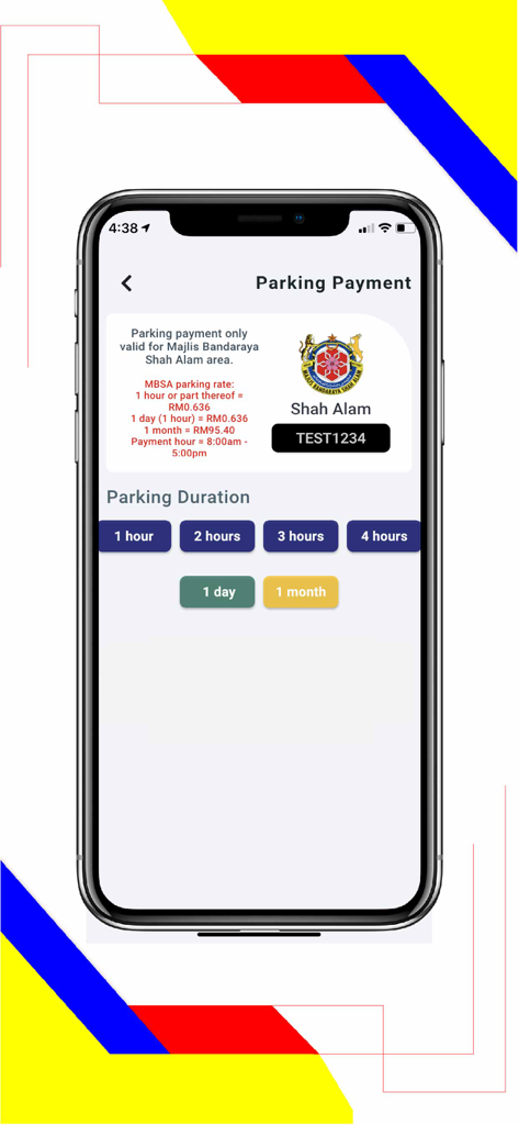 Flexi Parking - Flexi Parking app interface for selecting parking duration and viewing rates