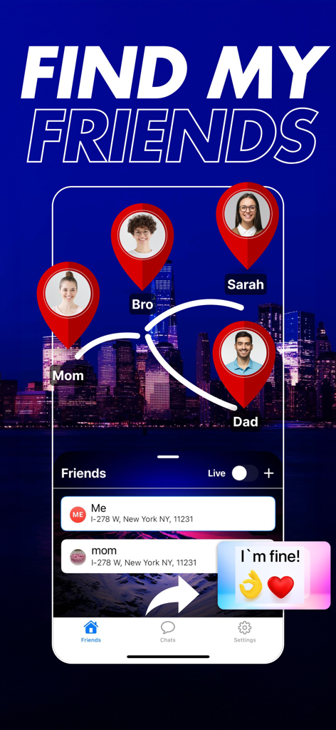 Phone tracker• Find My Friends - Phone tracker app interface showing real-time family locations on a city map with a status update notification.