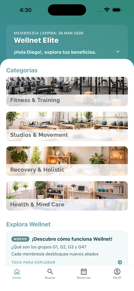 Wellnet mobile app home screen showing service categories for fitness, studios, recovery, and mind care.
