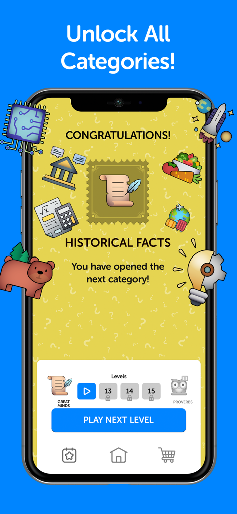 Screenshot del gioco Sort It Out che mostra una schermata di congratulazioni per aver sbloccato la categoria di fatti storici con varie icone educative colorate.
