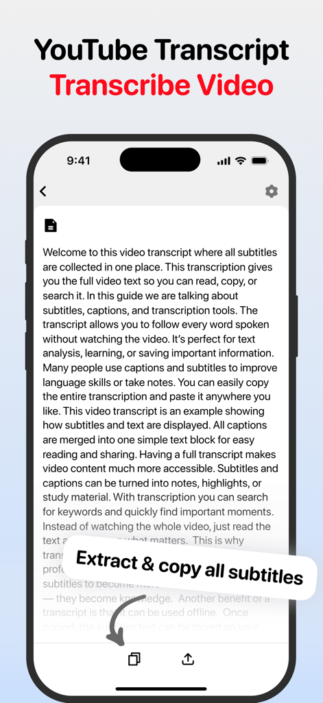 YouTube 동영상의 전체 텍스트 전사를 보여주는 모바일 앱 인터페이스, 모든 자막을 추출하고 복사하는 버튼 포함.
