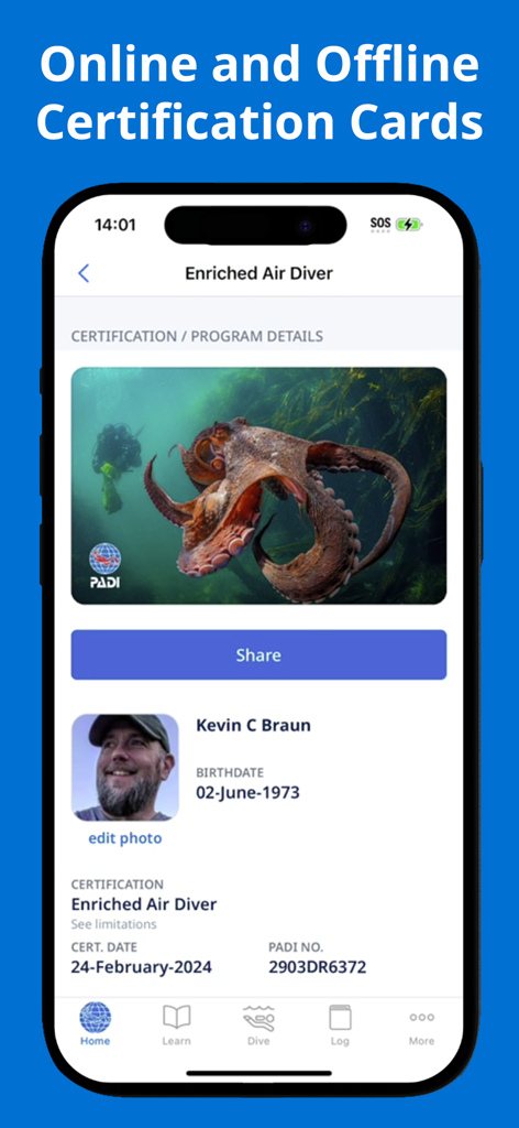 PADI app interface displaying a digital Enriched Air Diver certification card