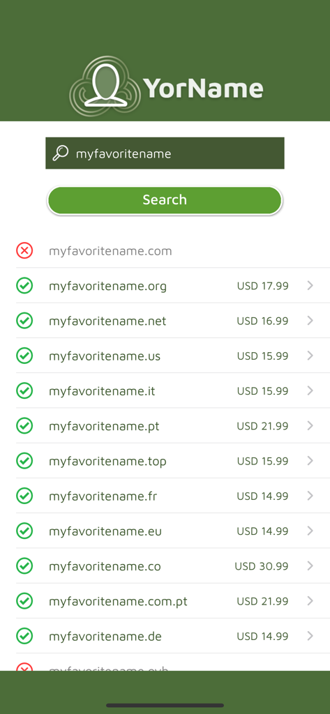 Ein mobiler Bildschirm aus der YorName-App, der Domainnamensuchergebnisse mit verfügbaren Erweiterungen und klaren Preisen anzeigt